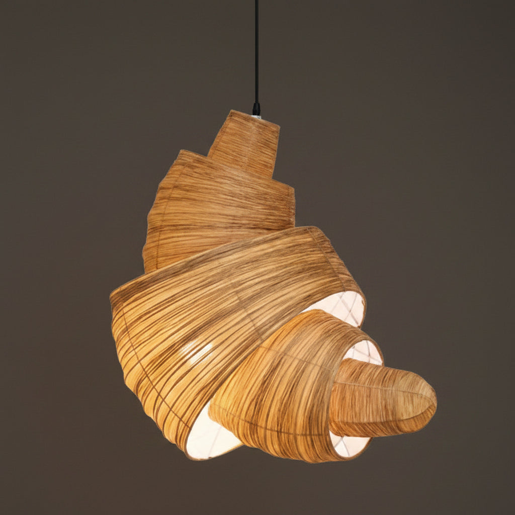 Brown woven layered pendant light with soft curved horn shade and hanging cord