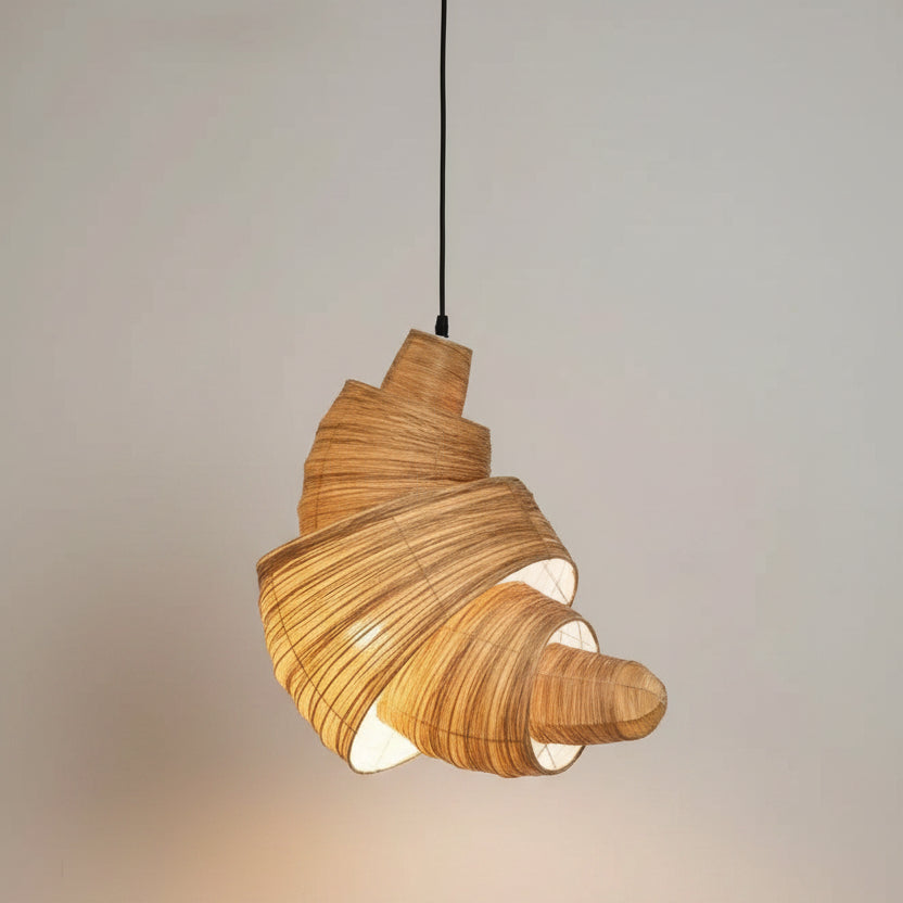 Brown woven layered pendant light, curved horn shade with warm glow through weaving