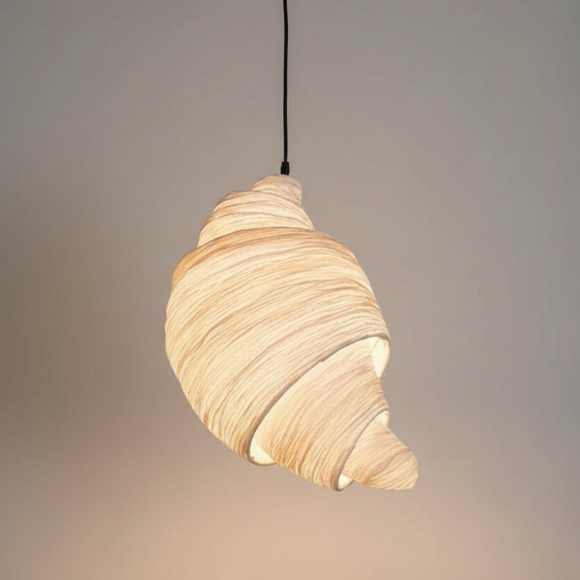 Beige woven layered pendant light with curved horn-style shade and hanging cord