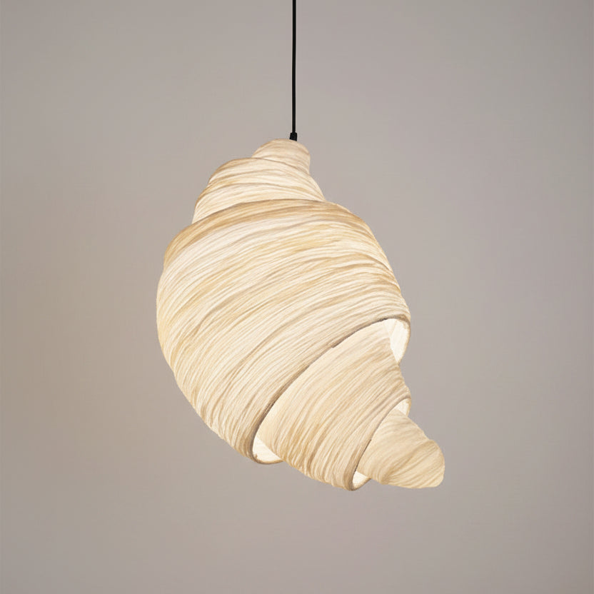 Beige woven layered pendant light with rounded horn shade and hanging cord