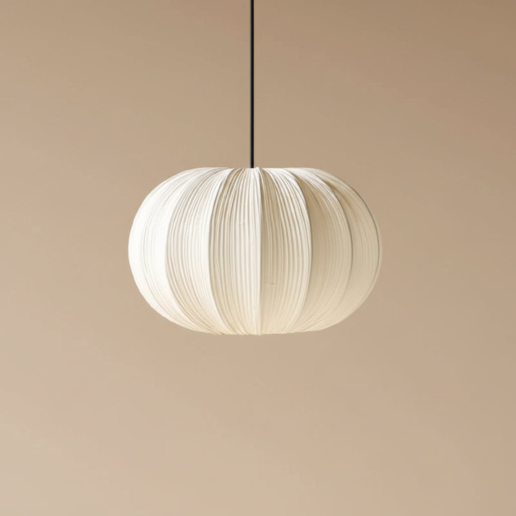 Fabric pumpkin pendant light with cream pleated fabric shade and hanging cord