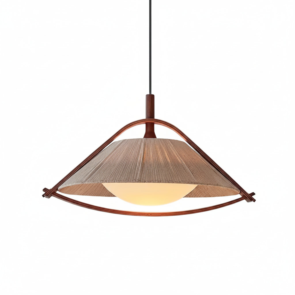 Textile conical pendant light with bronze frame and warm glowing diffuser