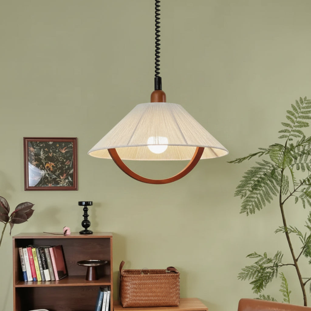 Wood-trim fabric pendant chandelier with exposed bulb, hung from black wire cord