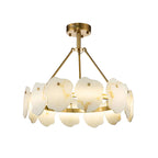 Gold ceiling mount chandelier with tiered white drum disc lamp shades