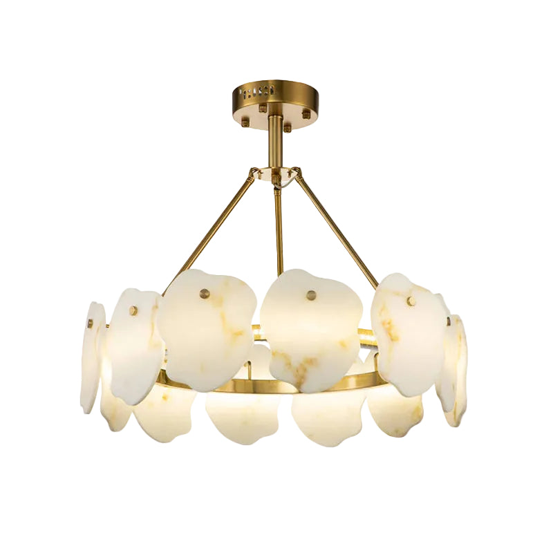 Gold ceiling mount chandelier with tiered white drum disc lamp shades