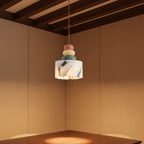 Marble-style hanging pendant light with stacked pebble beads and rectangular shade