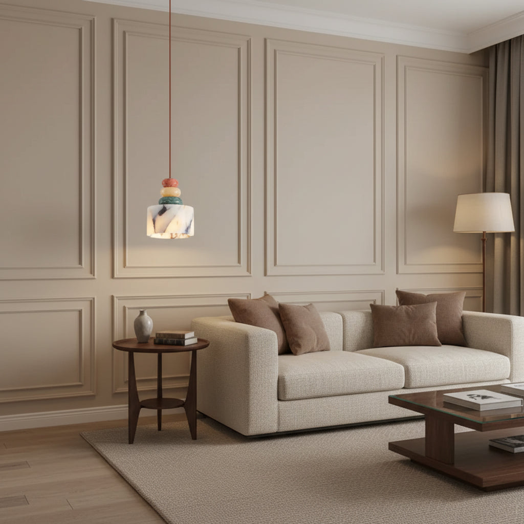 Stacked pebble pendant light with frosted marble-look shade and terracotta bead accents