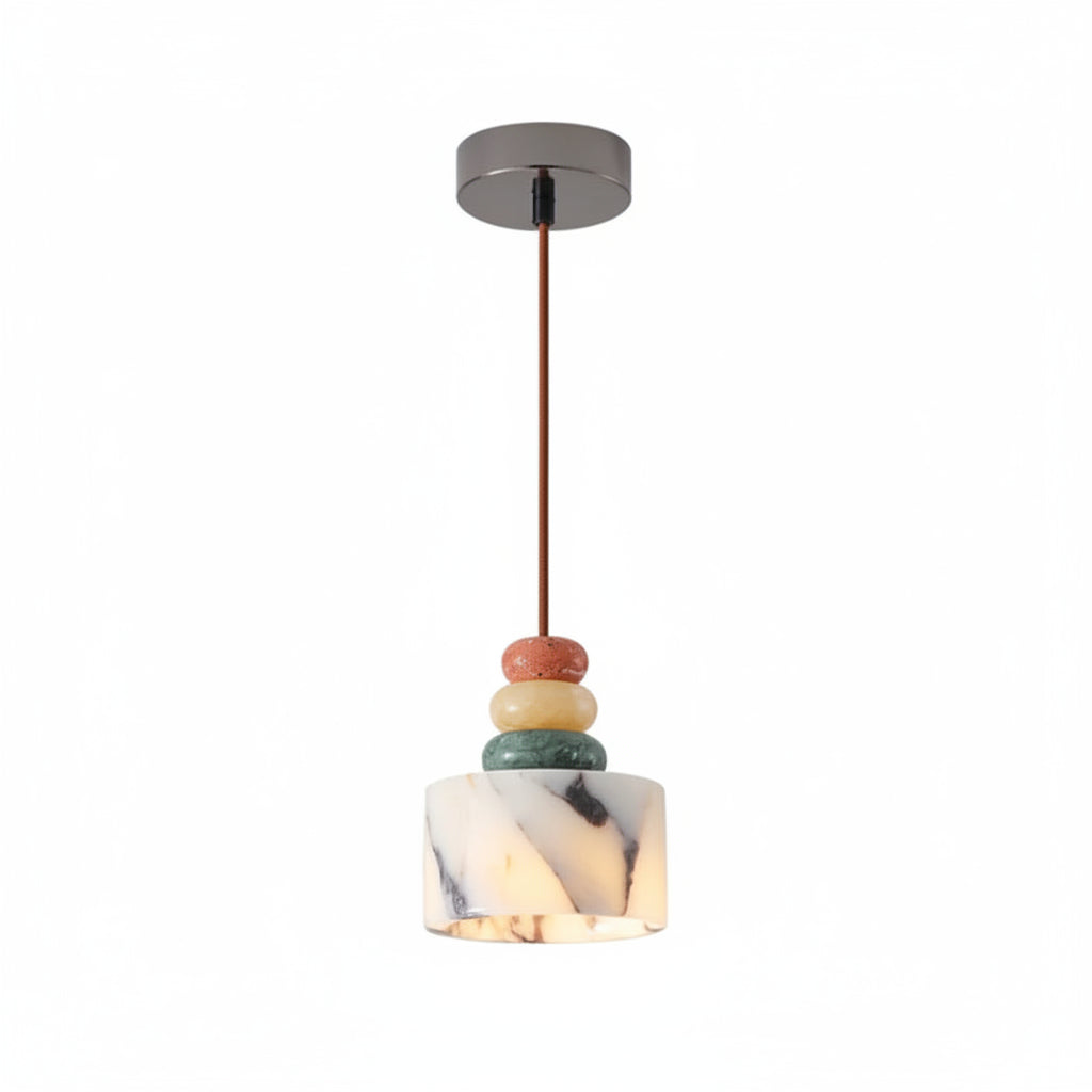Pendant light with round ceiling canopy, marble-look shade, and stacked pebble beads