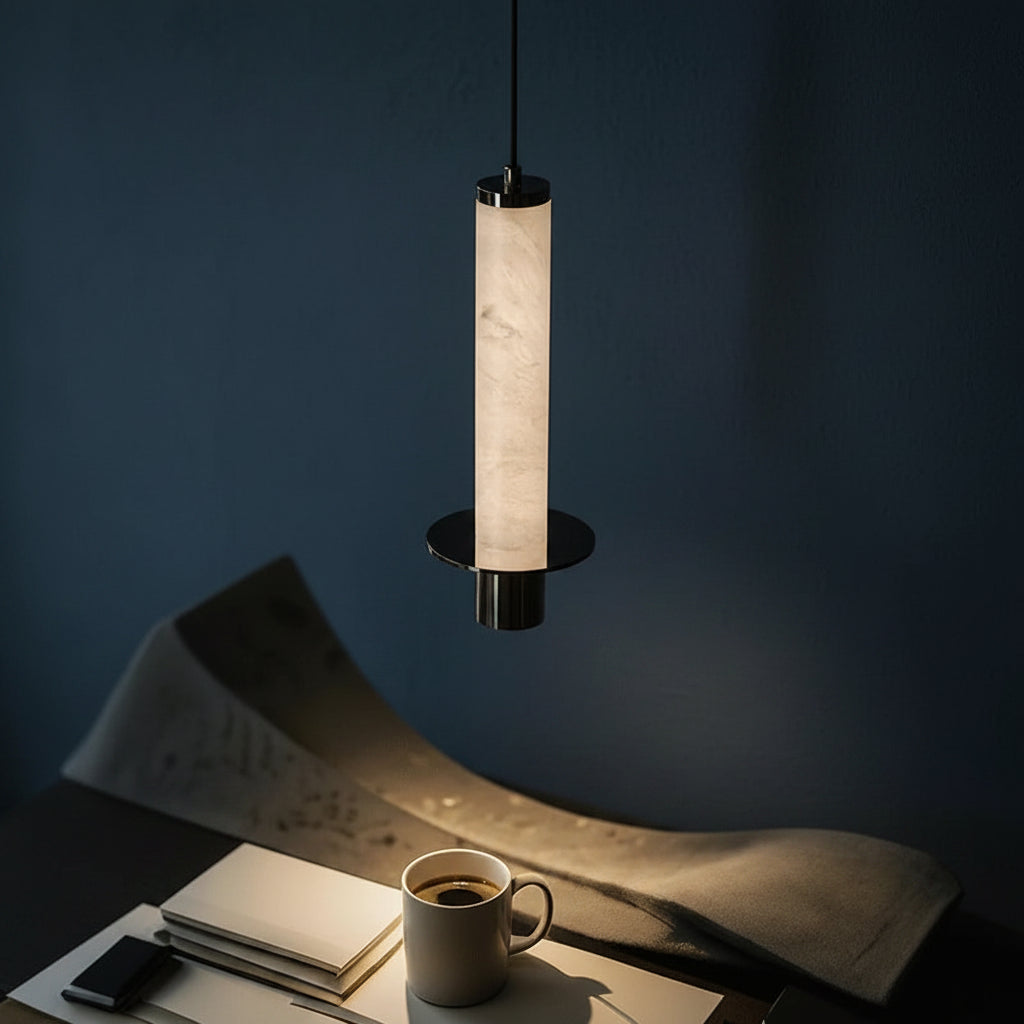 Alabaster tube pendant light with black metal top and bottom caps