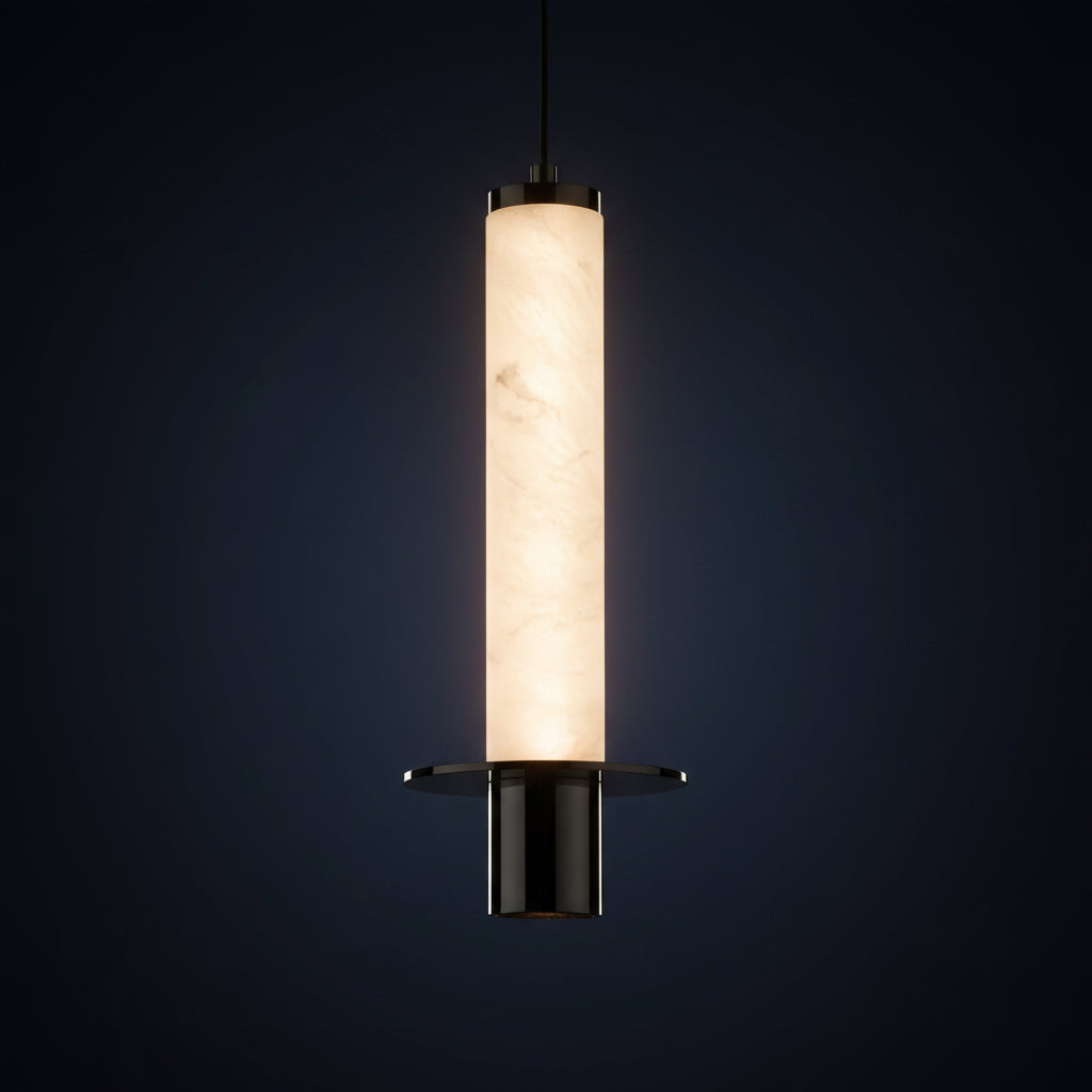 Long tube pendant light with translucent alabaster shade and black base