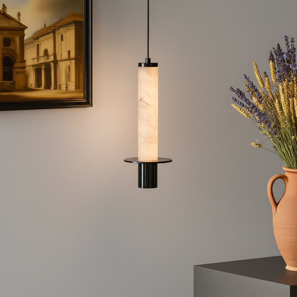 Alabaster tube hanging pendant with black metal ring canopy and bottom collar