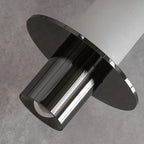 Close-up of black metal and frosted alabaster tube pendant light shade