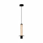 Hanging alabaster tube pendant light with black ceiling canopy and sleeve