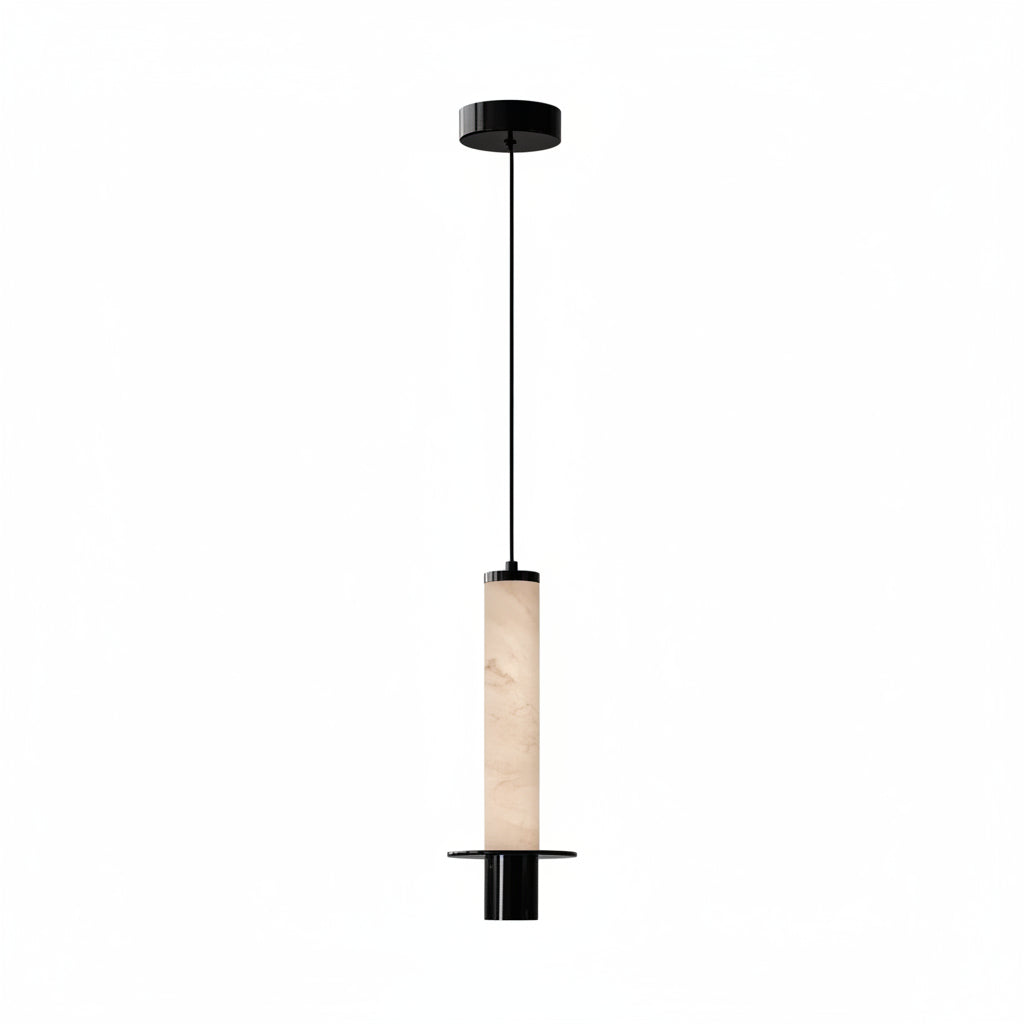 Hanging alabaster tube pendant light with black ceiling canopy and sleeve