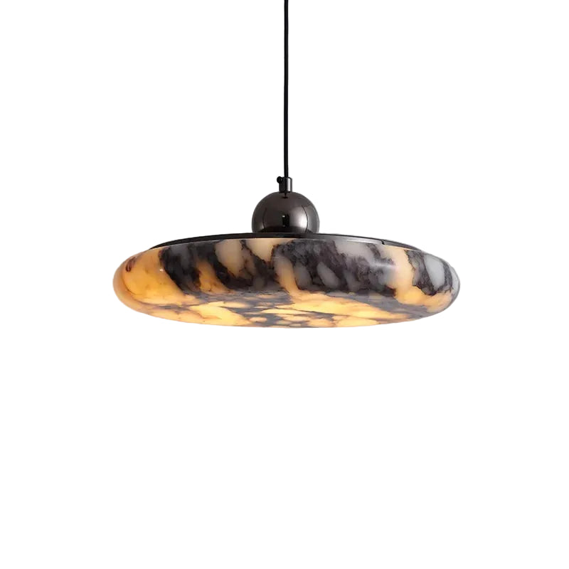 Marble round pendant light with black canopy and gray-amber veined disc shade