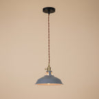 Vintage barn pendant light with dark gray metal shade and exposed bulb socket