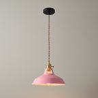 Vintage barn pendant light with pink metal shade and exposed bulb socket