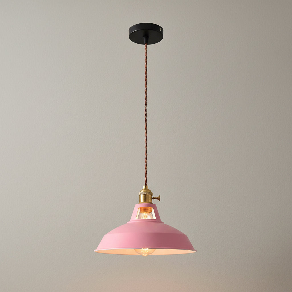 Vintage barn pendant light with pink metal shade and exposed bulb socket