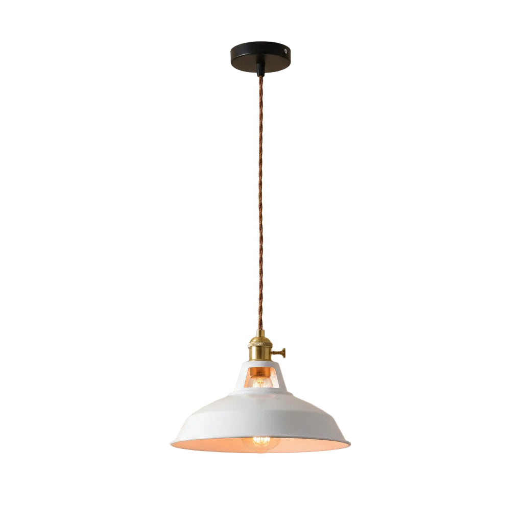 Vintage barn pendant light with white metal shade and exposed bulb socket