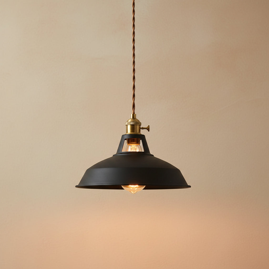 Vintage barn pendant light with matte black metal shade and exposed bulb socket