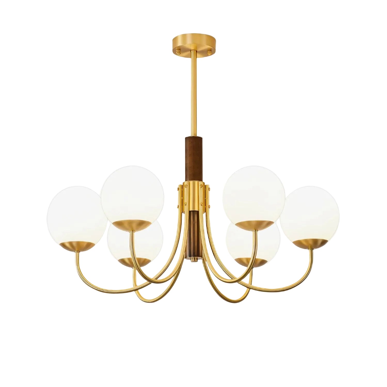 Gold and dark brown multi-globe chandelier with round glass shades and curved brass arms