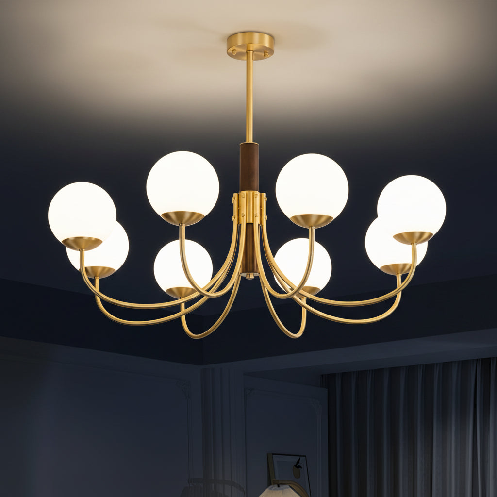Gold and dark brown ceiling-hung globe chandelier with multiple round glass bulb shades
