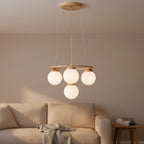 Frosted glass globe hanging chandelier with round wooden frame and multiple warm-light bulbs