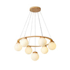 Round wooden globe chandelier with frosted glass spheres on hanging cords and circular frame