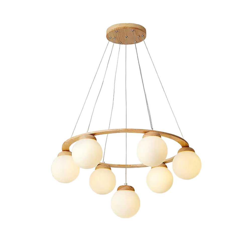 Round wooden globe chandelier with frosted glass spheres on hanging cords and circular frame