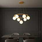 Minimalist wooden ring chandelier with frosted globe shades and multiple hanging glass bulbs