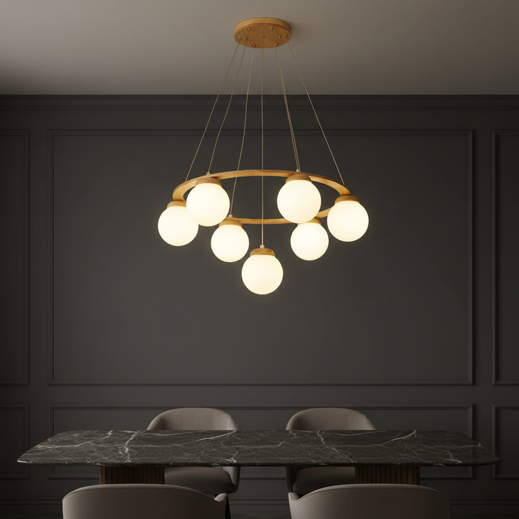 Minimalist wooden ring chandelier with frosted globe shades and multiple hanging glass bulbs