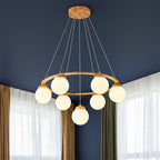 Nordic globe chandelier with round wooden frame, frosted glass globes, and long suspension cords
