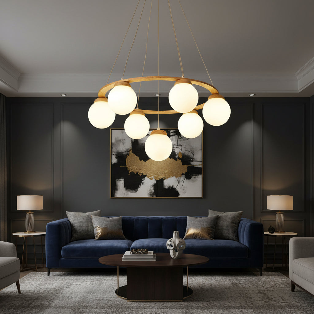 Multi-globe frosted glass chandelier with circular wooden frame and hanging spherical shades