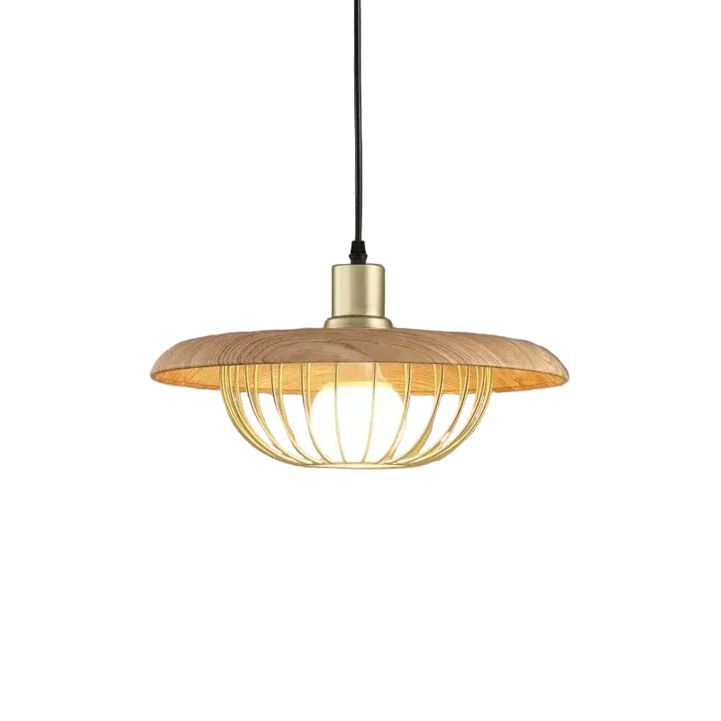 Mid-century saucer pendant light with wood disc shade and gold wire cage frame