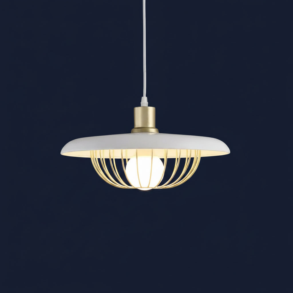 Mid-century saucer pendant light with white disc shade and gold wire cage frame