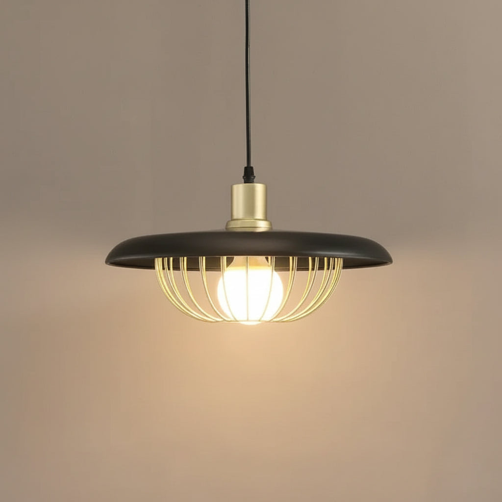 Mid-century saucer pendant light with dark disc shade and gold wire cage frame
