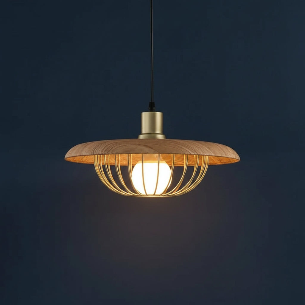 Mid-century saucer pendant light with wood disc shade and gold wire cage frame