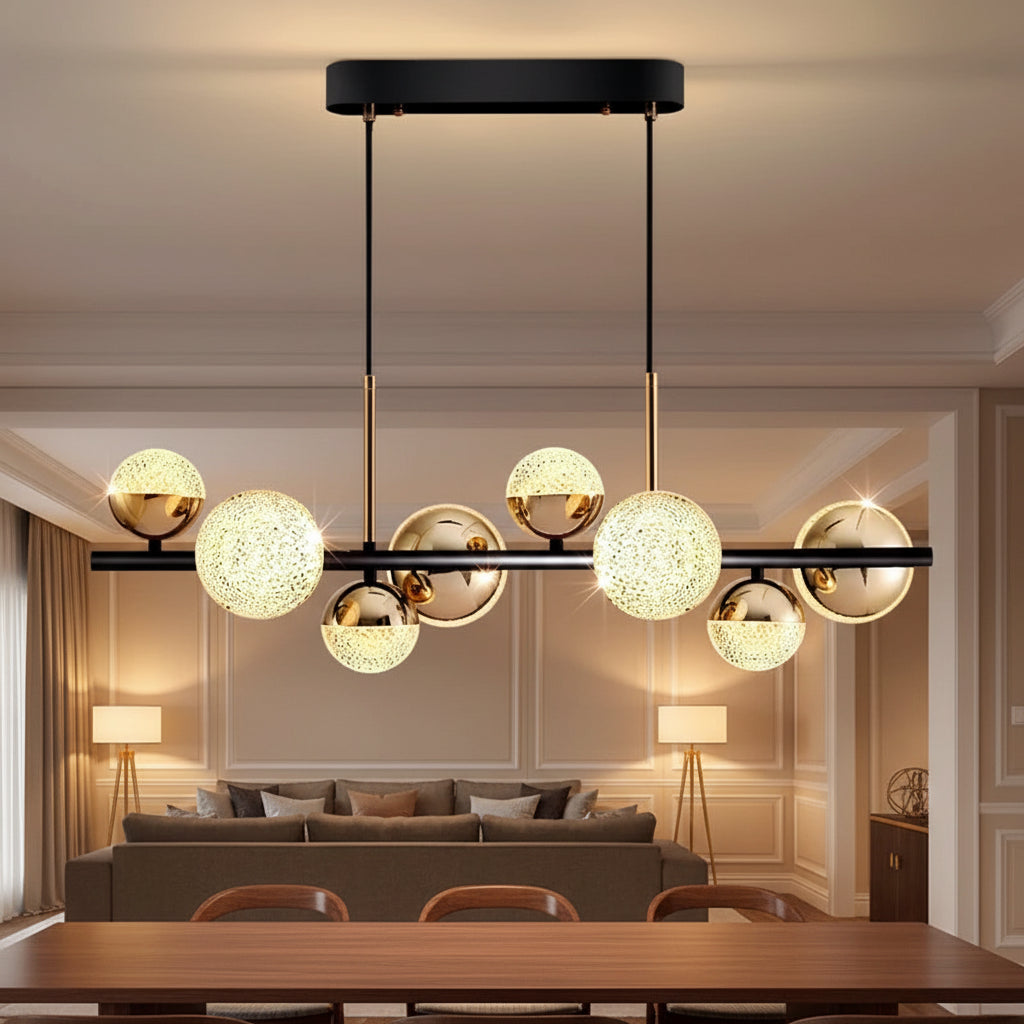 Mid-century globe chandelier with textured glass balls, black bar and brass arms