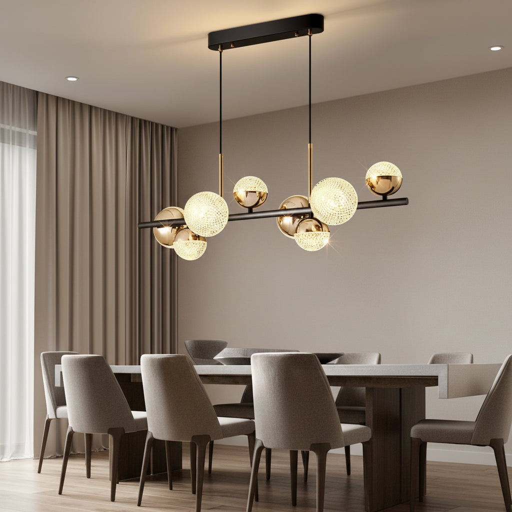 Globe chandelier with textured glass balls on black bar and two hanging rods
