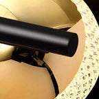 Black metal arm detail and textured glass globe on a globe chandelier