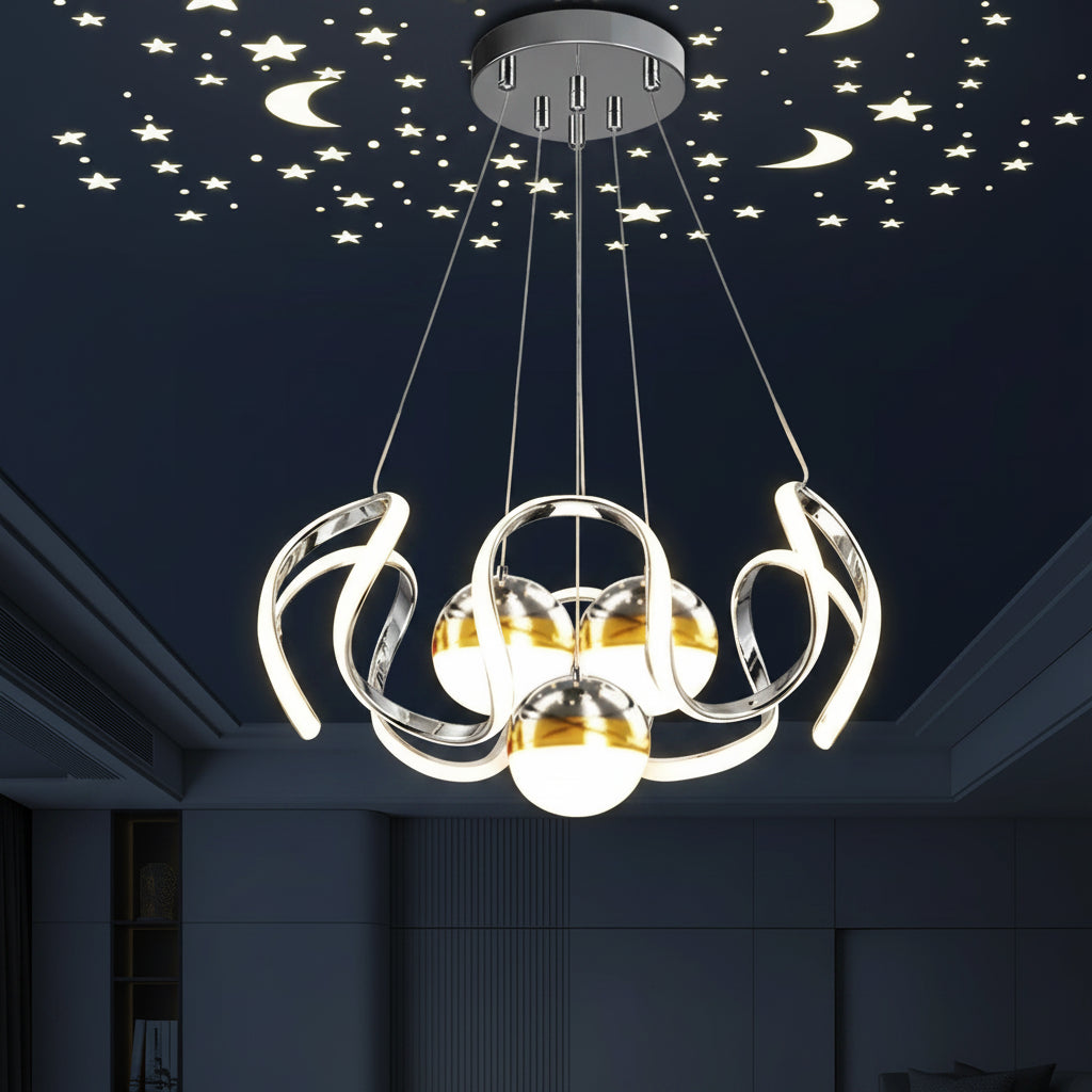 Chrome ribbon star chandelier with round canopy and three hanging bulbs