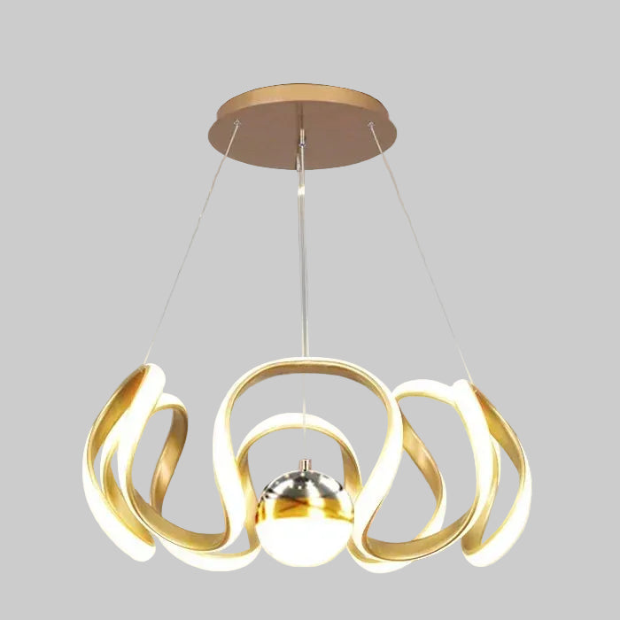 Gold ribbon star chandelier with round canopy and three hanging bulbs