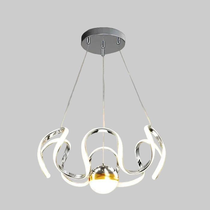 Chrome ribbon star chandelier with round canopy and three hanging bulbs