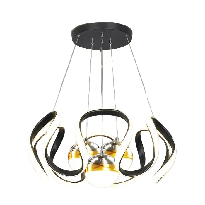 Black ribbon star chandelier with round canopy and three hanging bulbs