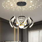 Black-and-chrome ribbon star chandelier with round canopy and three hanging bulbs