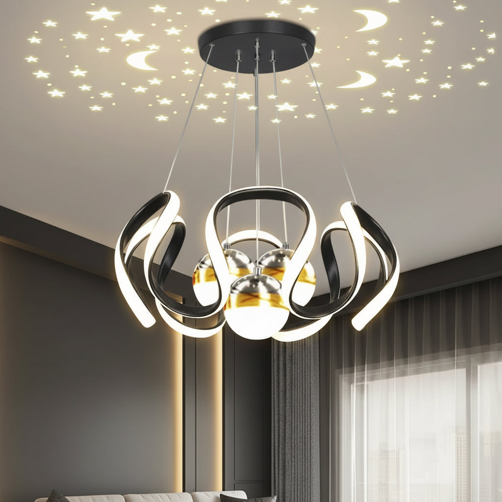 Black-and-chrome ribbon star chandelier with round canopy and three hanging bulbs