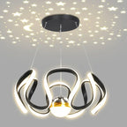 Black ribbon star chandelier with round canopy and three hanging bulbs