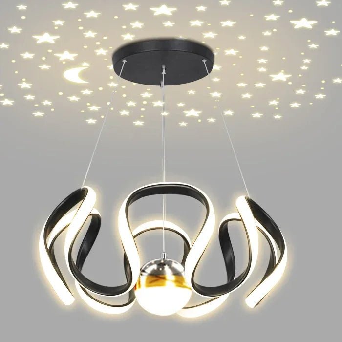 Black ribbon star chandelier with round canopy and three hanging bulbs