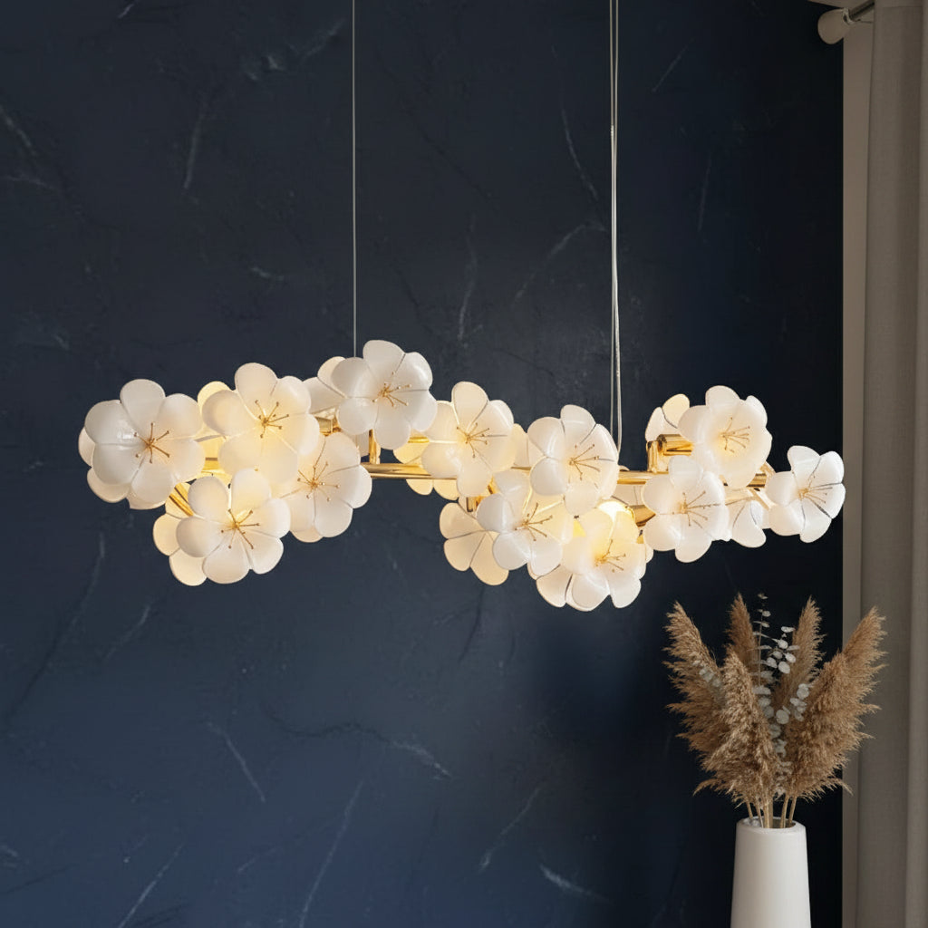 Contemporary floral blossom bar chandelier with white flower shades and gold accents