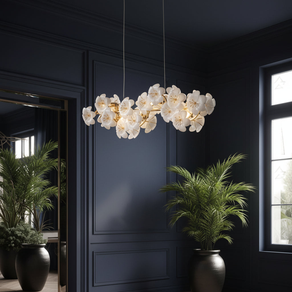 White blossom flower chandelier with gold mounts and linear hanging bar